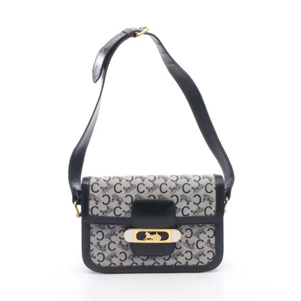 Celine Macadam Carriage Shoulder Bag Canvas Leather Navy Gray Blue